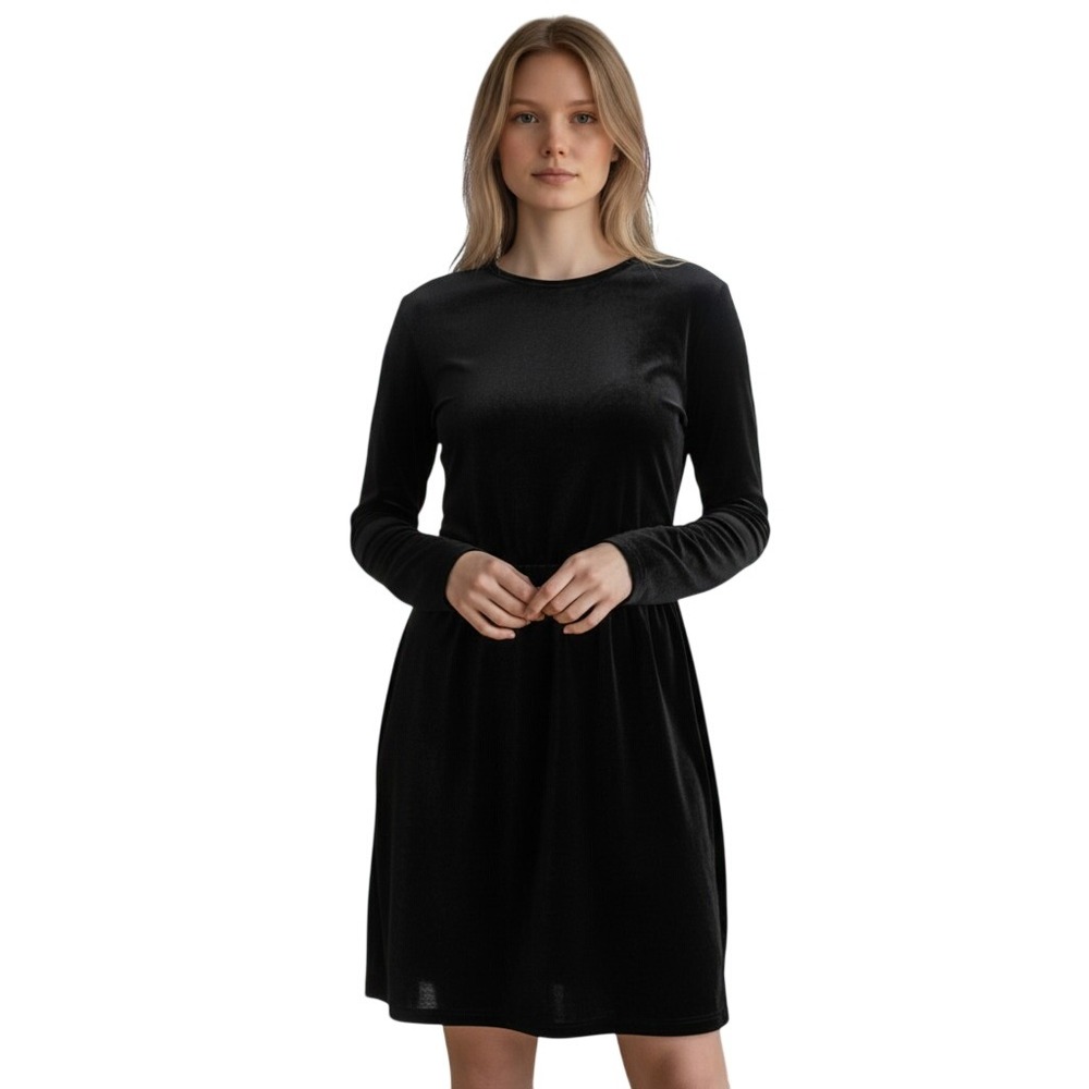 HM Black Velvet Long Sleeve Mini Dress Crew Neck Size XL Holiday Party Evening